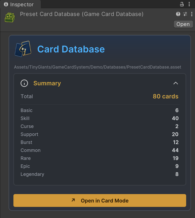 Preset Card Database 的专用 Inspector,显示资产路径、卡牌类型与稀有度统计,以及 Open in Card Mode 入口