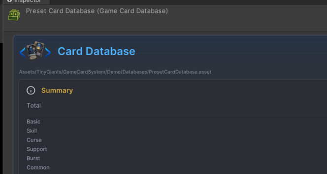 Game Card Database 资产的原生 Inspector:Card Database 标题、资产路径,以及按卡牌类型和稀有度统计条目的 Summary