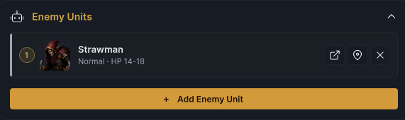 The Threshing Field 的 Enemy Units 配置,槽位 1 为 Strawman,Normal,HP 14–18