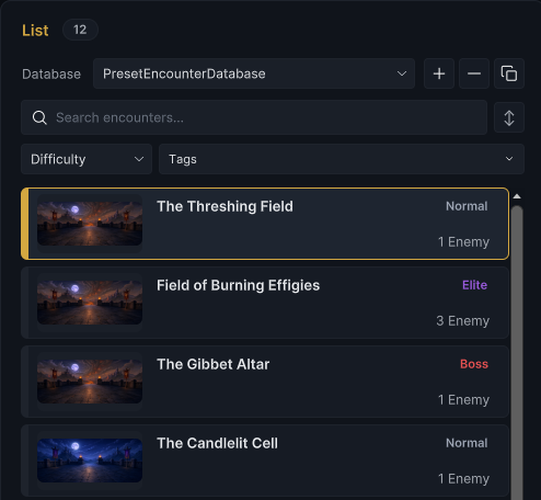 PresetEncounterDatabase 中的 Encounter List,The Threshing Field 显示 Normal 与 1 Enemy