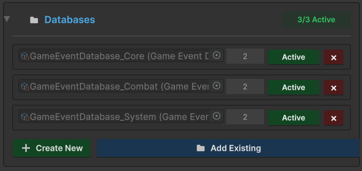 管理器 Inspector 中的数据库管理列表