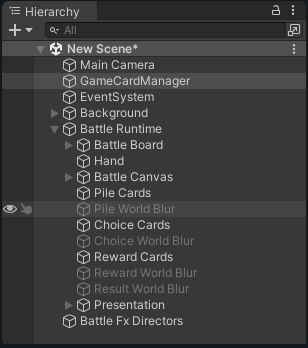 干净的初始化场景 Hierarchy,包含 Main Camera、GameCardManager、EventSystem、Background、Battle Runtime 与 Battle Fx Directors