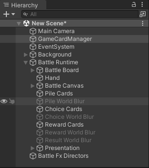 执行 Initialize System 后,Hierarchy 中已创建 GameCardManager、EventSystem、Background、Battle Runtime 和 Battle Fx Directors