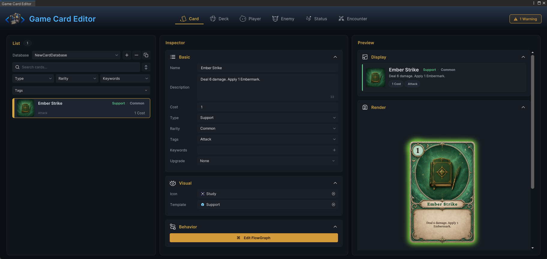 Card 模式中的 Ember Strike,显示 Support 类型、Attack 标签和复用的 Demo 表现资产