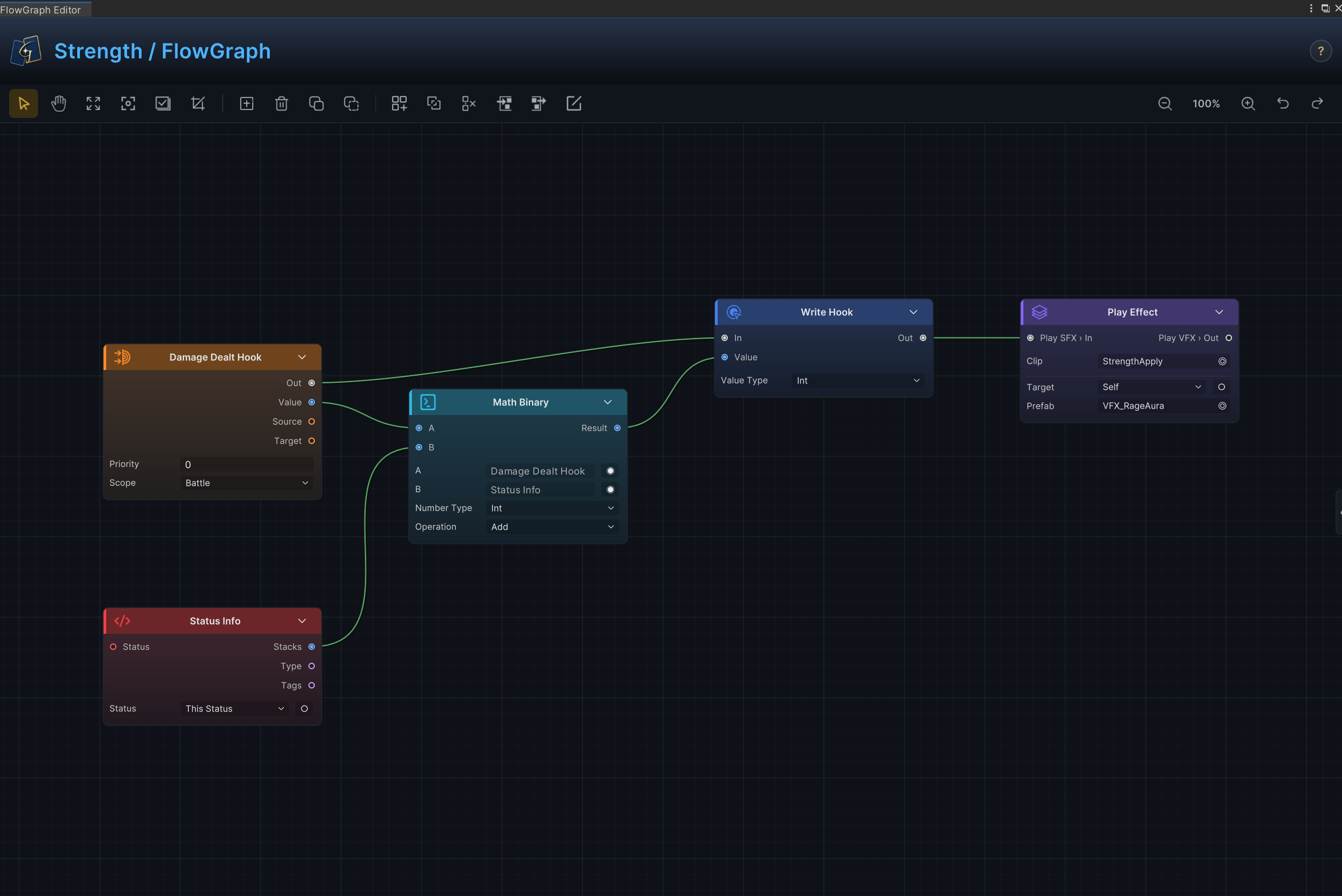 Strength 的 FlowGraph 用 Damage Dealt Hook、Status Info、Math Binary 与 Write Hook 按层数增加伤害