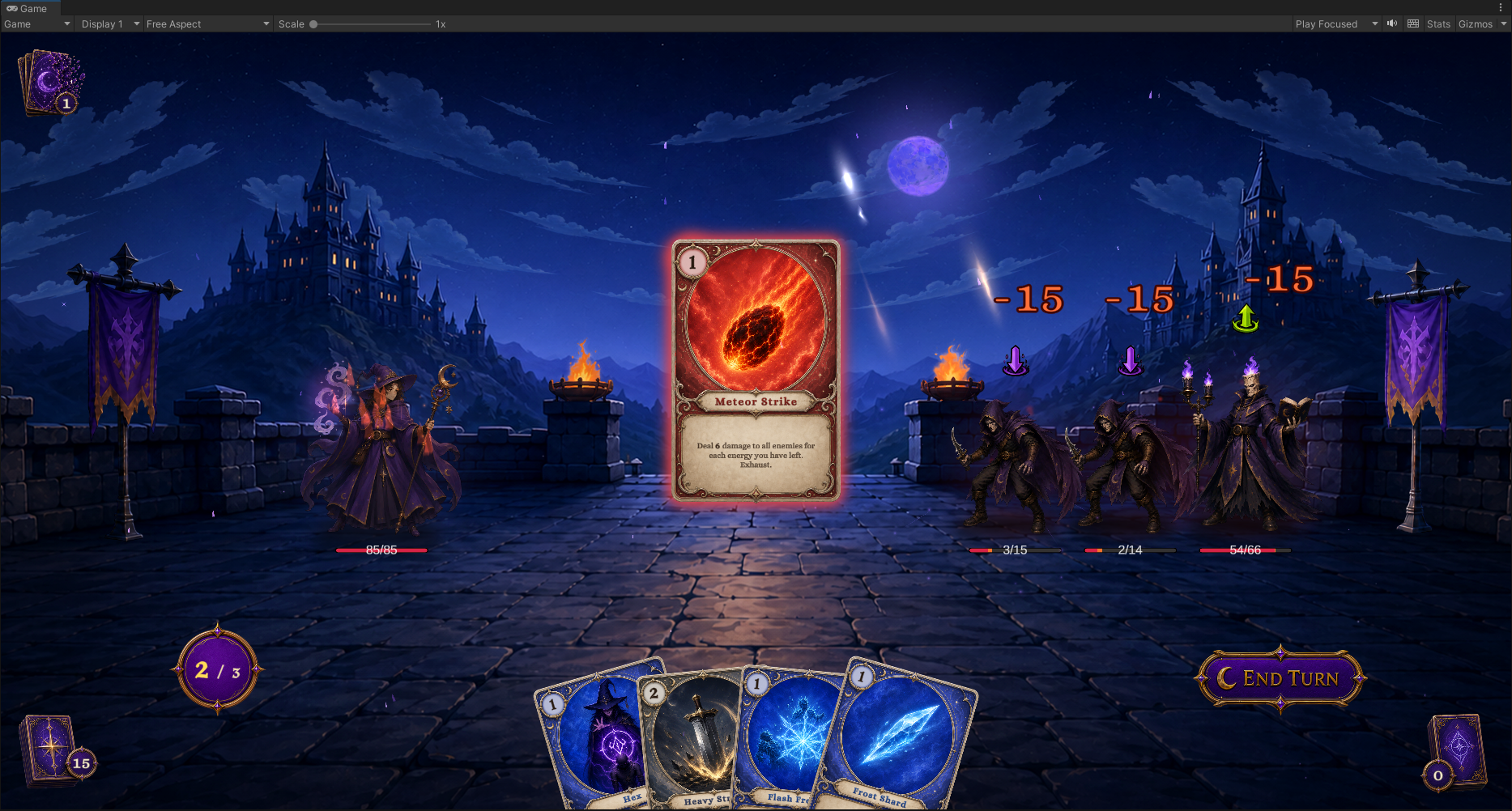 Meteor Strike 对三个存活敌人同时结算 15 点伤害