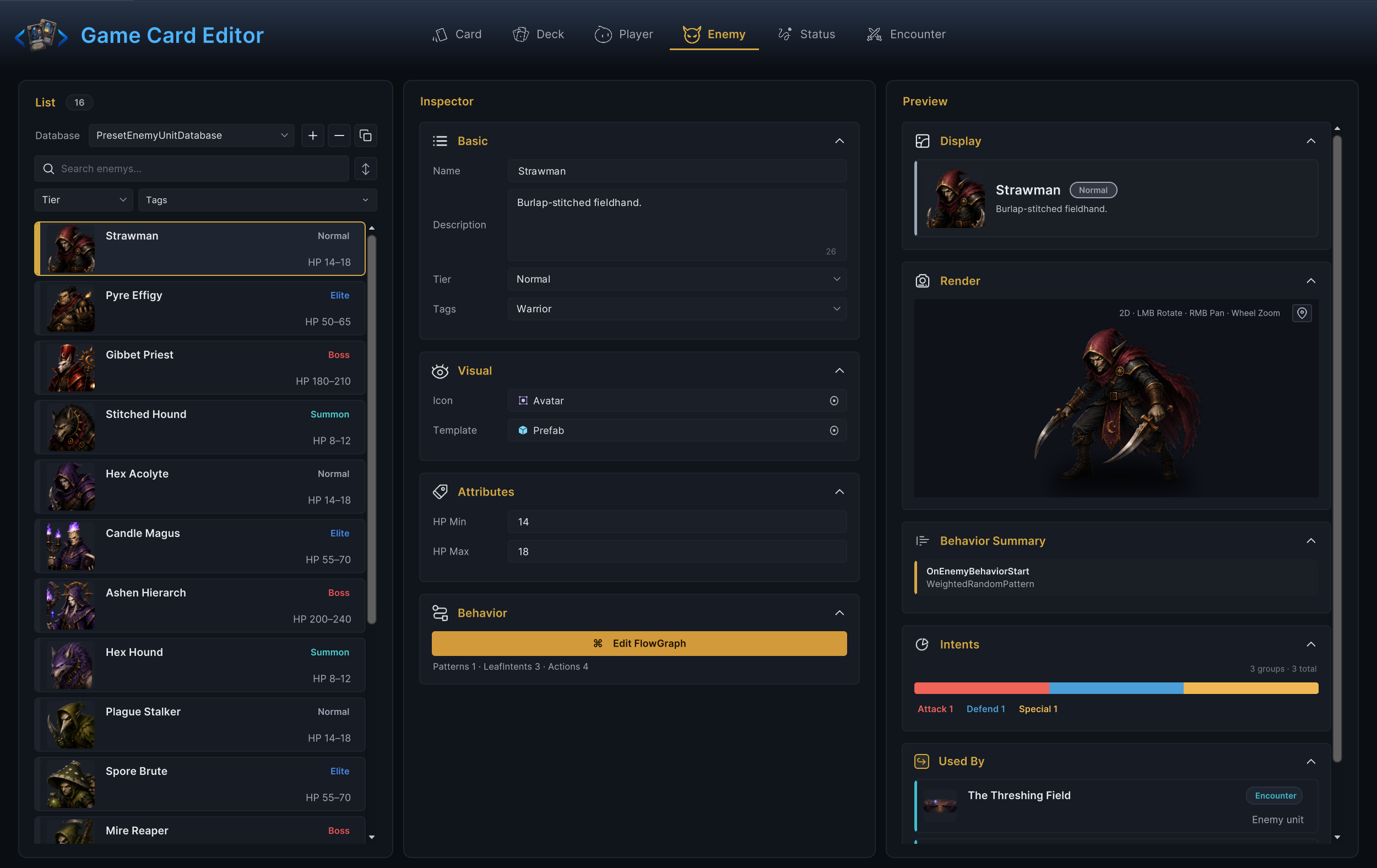 Workbench 的 Enemy 模式，展示敌方单位的 HP 范围、等级、标签和行为图引用
