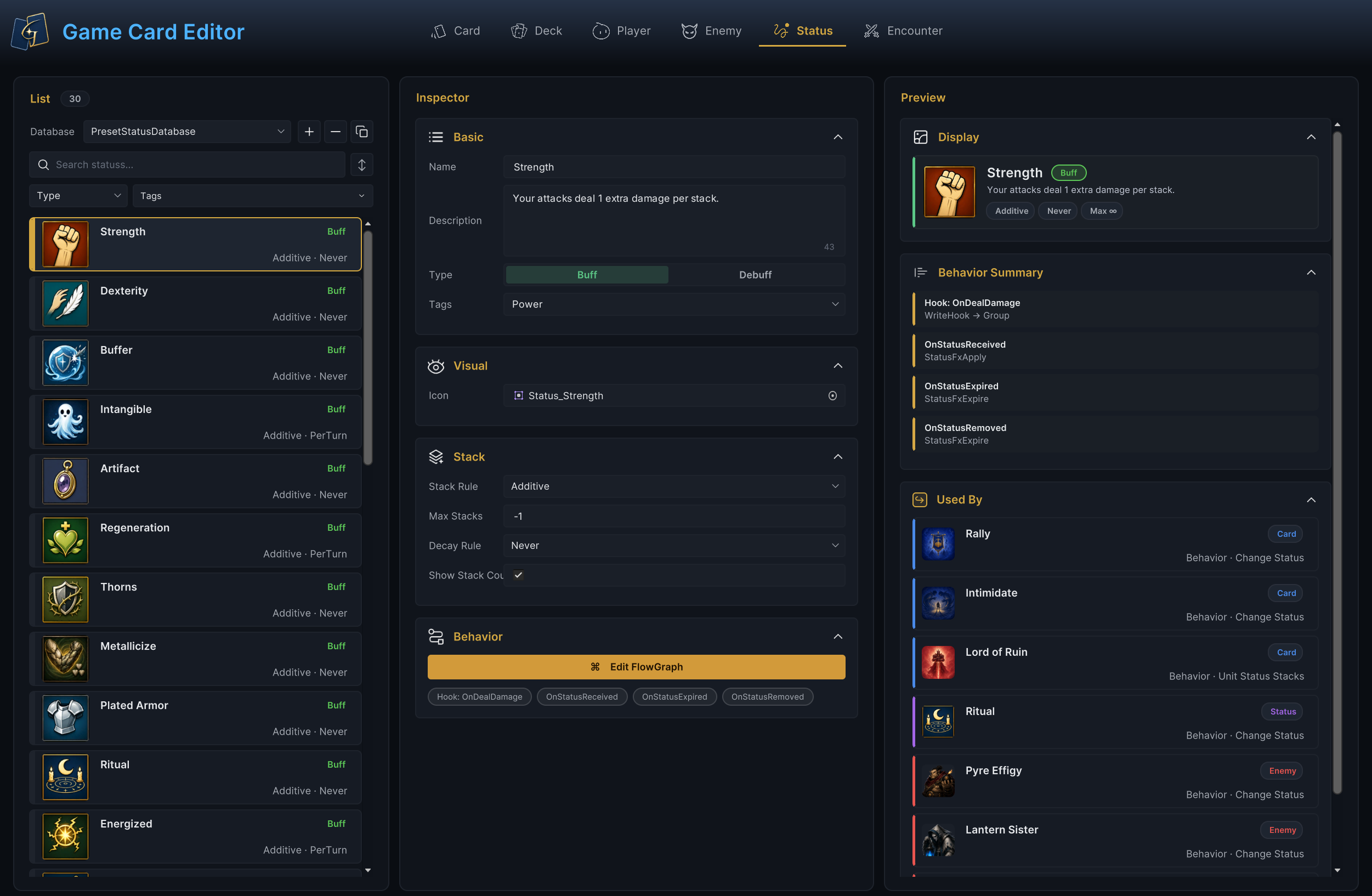 Game Card Editor 的 Status 模式,包含状态规则、Behavior 与引用结果